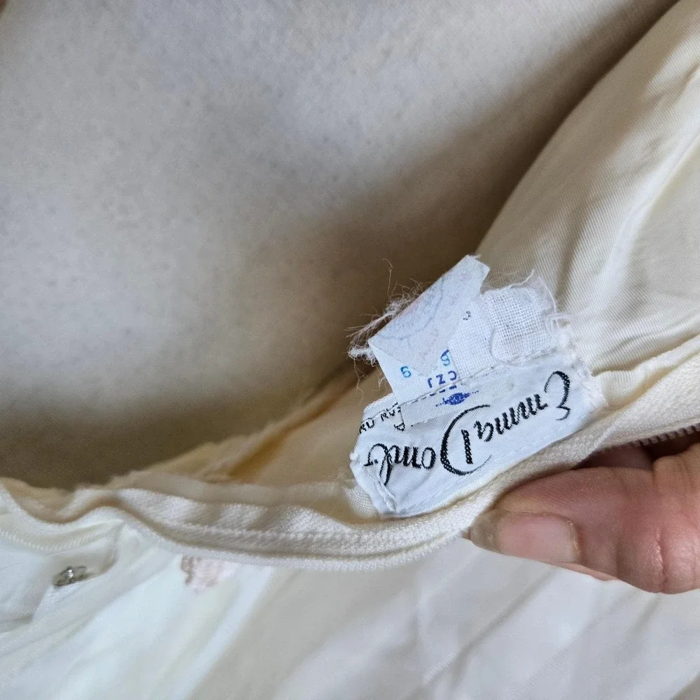 Emma Domb Vintage 70s Ivory Organza Wedding Bridal Gown Prairie Pink Sash XXS/XS